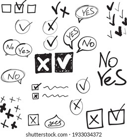 Large Set Of Hand-drawn Control Signs. Doodle Black Check Quality Marks And Understands, Cross, Circles, List Items, Yes Or No Check List Vector Tick Icons