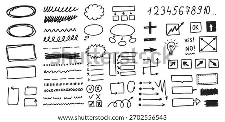 A large set of hand-drawn doodles featuring arrows, circles, frames, highlights, numbers, symbols, lines, bullet points, thought bubbles, and sketch elements.