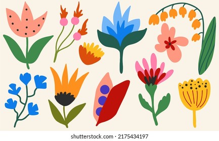 Un gran conjunto de flores dibujadas a mano. Diseño plano, dibujos animados, ilustración vectorial.