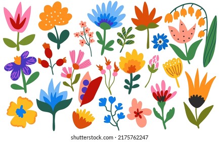 Large set of hand-drawn flowers. Flat design, cartoon, vector illustration.