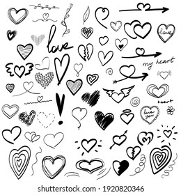 large set of hand-drawn heart drawings, valentine. doodle vector illustration. love valentine set