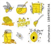 large set of hand-drawn items in doodle style. yellow and gray. natural bee honey, bees and various jars. Vector illustration isolated on white background.