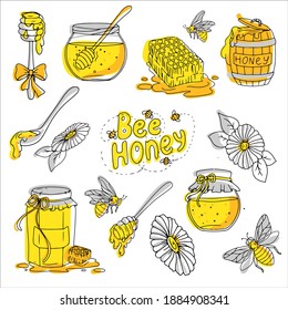 large set of hand-drawn items in doodle style. yellow and gray. natural bee honey, bees and various jars. Vector illustration isolated on white background.