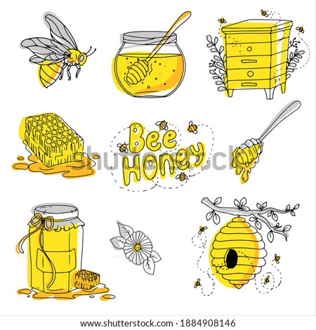 large set of hand-drawn items in doodle style. yellow and gray. natural bee honey, bees and various jars. Vector illustration isolated on white background.
