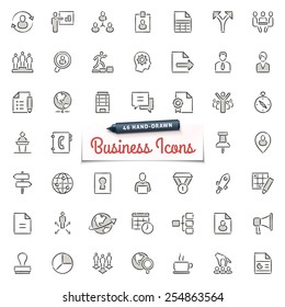 Large set of hand-drawn office and business icons. Only solid fills used. File format is EPS8.