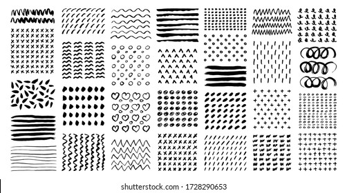 A large set of hand-drawn patterns. Materials - ink, watercolor, pencil, felt-tip pen. Abstract spots, dashes, dots, circles, crosses and waves on a white background. Vector EPS-10.