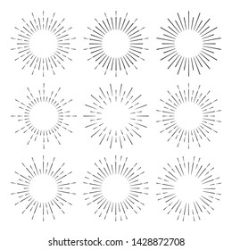 A large set of hand-drawn retro sunbursts. Burst of stars in vintage style. flat vector illustration isolated on white background