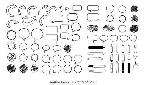 Grande conjunto de garabatos dibujados a mano que incluyen flechas, burbujas de discurso, trazos de pluma y marcadores para diseños creativos e informales.