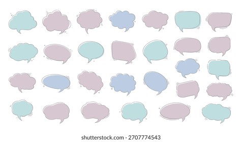 Grande conjunto de palabras dibujadas a mano y burbujas de pensamiento en colores azul pastel y púrpura con un estilo doodle sobre un fondo blanco.
