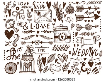 Large set of hand-drawn Valentine's Day and Wedding Day elements.