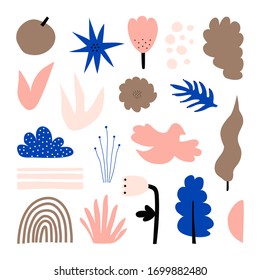 A large set of hand-drawn various shapes, flowers, leaves, and plants. Abstract modern fashion vector illustration. Abstract objects isolated on a white background.