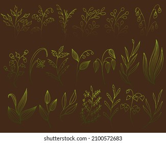 A large set of hand-drawn vector flowers and branches with leaves, flowers, berries. Collection of flower sketches. Decorative elements for design