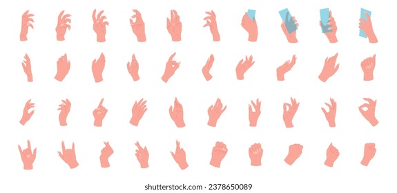 Large set of hands in different poses. Vector illustration of hands on white background.