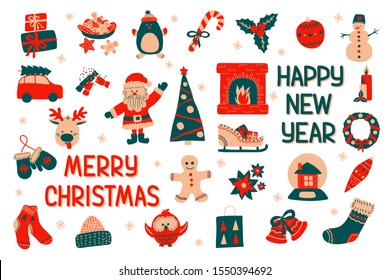 A large set of Happy New Year and Merry Christmas elements in Scandinavian style with holiday inscriptions. Vector illustration - clip art collection of cute characters isolate on a white background.