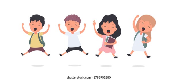 Large Set of Happy Schoolchildren. The teenagers are happy. Suitable for school or vacation design. Isolated. Vector.