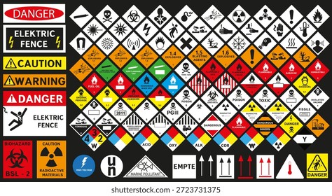 Un Grande conjunto de signos y marcas de peligro para mercancías peligrosas. Para seguridad industrial, logística y transporte. EPS 10.