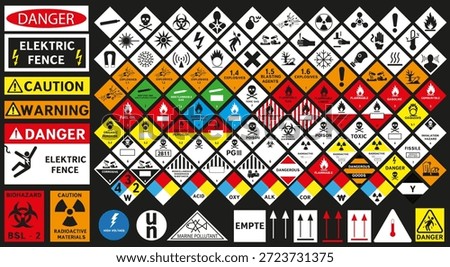 A large set of hazard signs and markings for dangerous goods. For industrial safety, logistics, and transportation. EPS 10.