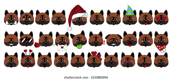 A large set of heads of little dogs with different emotions and different objects. Dog American Akita