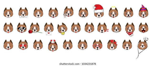 A large set of heads of little dogs with different emotions and different objects. Staffordshire Terrier dog.