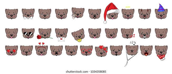 A large set of heads of little dogs with different emotions and different objects. American pitbull terrier