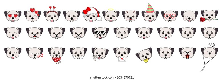 A large set of heads of little dogs with different emotions and different objects.Anatolian Shepherd Dog. White puppies with different emotions.