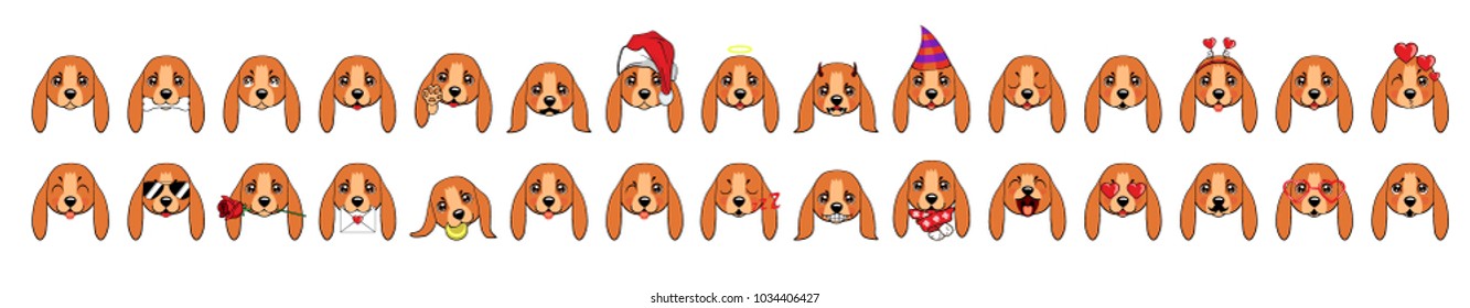 A large set of heads of little dogs with different emotions and different objects. Basset Hound (Basset) Puppy 