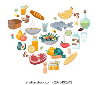 Un gran conjunto de alimentos saludables. Verduras y frutas, carne y pescado, pan y productos lácteos. Concepto de estilo de vida saludable. Iconos de alimentos saludables vectoriales aislados