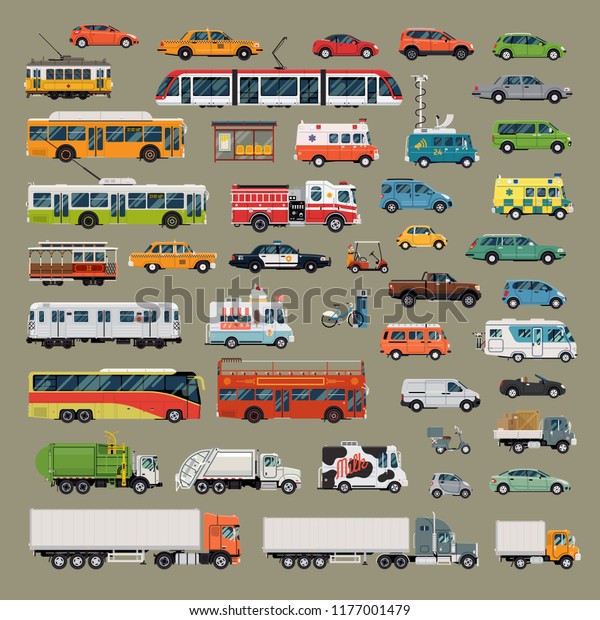 Large set of high quality flat design vector city\
transport featuring over 40 city road traffic items such as buses,\
cars, trucks, ambulance, taxi, cable cars, fire and police vehicles\
and more\
