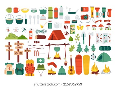 Large set of hiking equipment. Items for summer camping, trekking. Travel supplies icons for outdoor base camp. Backpack, campfire, tent, pointers, bowler hat. Isolated flat vector illustration - Shutterstock ID 2159862953