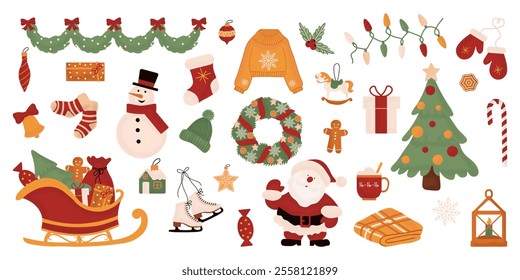 Large set of holiday Christmas design elements. Collection of beautiful decorative elements with Santa, presents, fur tree, wreaths. Vector illustration