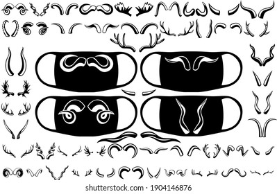A large set of horns of various animals. Prints on the mask. Images for different purposes. Vector illustration.