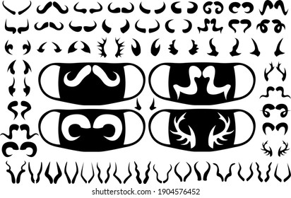 A large set of horns of various animals. Prints on the mask. Images for different purposes. Vector illustration.