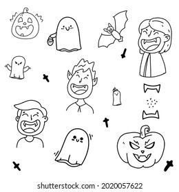 A large set of horror doodles for Halloween. Halloween concept. Coloring. Vector illustration