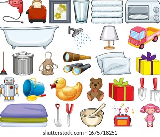 Large set of household items and many toys on white background illustration