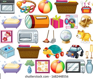 Large set of household items and many toys on white background illustration