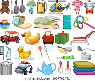 Large set of household items and many toys on white background illustration