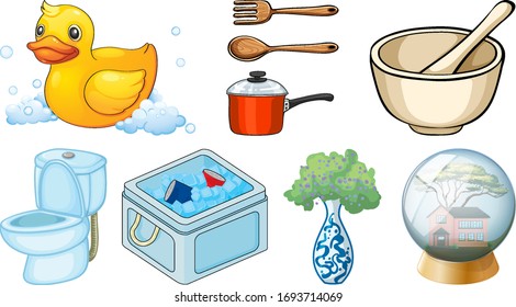 Large set of household items on white background illustration
