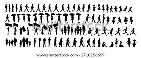 large set of human silhouettes, adults, women, men, kids, children, families, various poses, people silhouette set - vector illustration