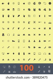 A large set of hundred unique icons for design and modern technology of various themes: gestures, people, transport, hobby, equipment, computer, tool, media. 