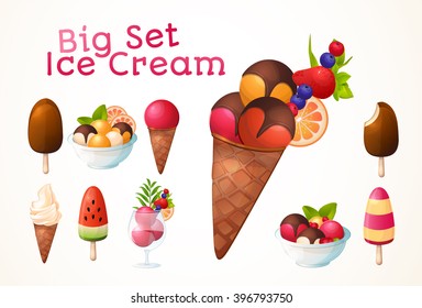A large set of ice cream. Different types, many flavors. Icons, design, logo. Big set.