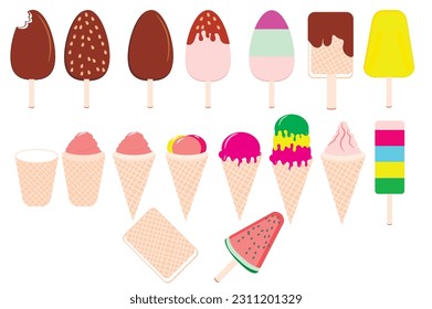 A large set of ice cream images. The set consists of 16 illustrations of ice cream.