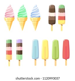 A large set of ice cream.  Soft ice cream in a waffle cone. Fruit ice. Ice cream on a stick. Flat, modern style. Vector illustration