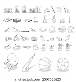 A large set of icons about school in lines on a white background