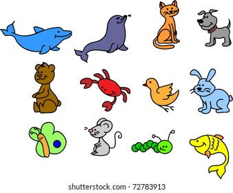 large set of icons of animals, the vector