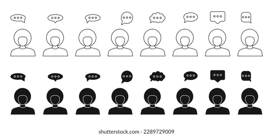 A large set of icons with a boy and a speech bubble.Icon for the application. Conversation or dialog icon. Linear flat icons