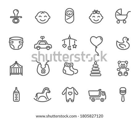 Large set of icons for child concepts with baby accessories, toys and a smiling face of boy and girl, black and white vector design elements