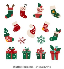 A large set of icons for Christmas and New Year holidays. Flat style collection. Vector illustration of Christmas elements.