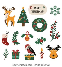 A large set of icons for Christmas and New Year holidays. Flat style collection. Vector illustration of Christmas elements.