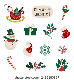 A large set of icons for Christmas and New Year holidays. Flat style collection. Vector illustration of Christmas elements.