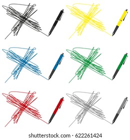 A large set of icons of colored ballpoint pens with colored lines, scribbles, a cross